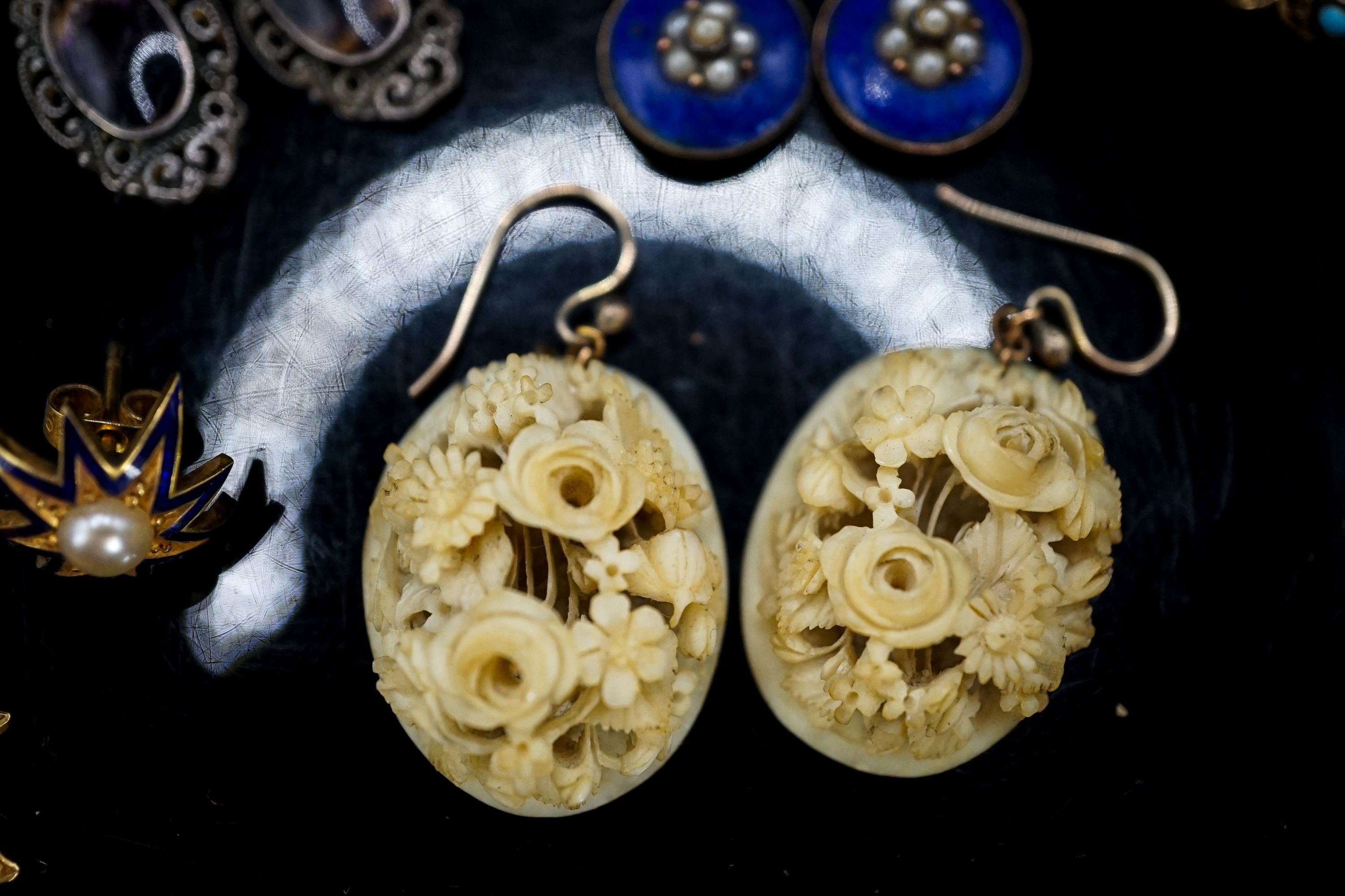 Eight assorted pairs of Victorian and later earrings including yellow metal and coral set, one odd earing and a pendant and two chains (some a.f.).